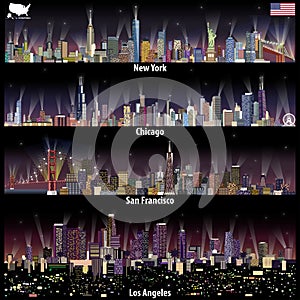 Abstract vector illustrations of United States city skylines New York, Chicago, San Francisco and Los Angeles at night with map