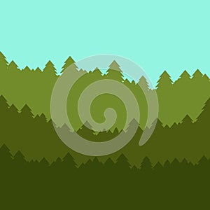 The abstract vector image reforestation in the foreground and different levels of the mountains in the background.