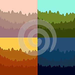 The abstract vector image reforestation in the foreground and different levels of the mountains in the background.