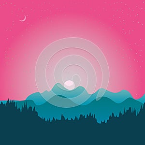 The abstract vector image reforestation in the foreground and different levels of the mountains in the background. Mountain