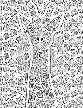 Abstract vector line drawing giraffe camouflaging patterned background. Digital lineart image tall neck animal textured