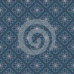 Abstract vector line flower pattern. Elegant seamless ornament with hand drawn line art on blue background.