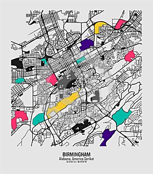 Abstract vector map of the city of Birmingham, Alabama, United States