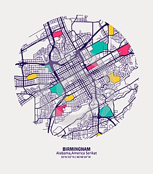 Abstract vector map of the city of Birmingham, Alabama, United States