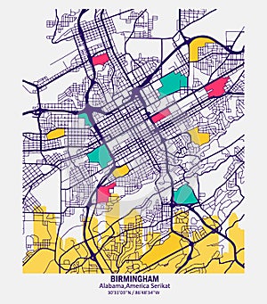 Abstract vector map of the city of Birmingham, Alabama, United States