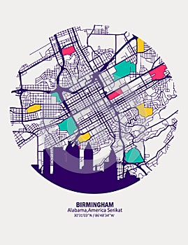 Abstract vector map of the city of Birmingham, Alabama, United States