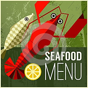 Abstract vector menu poster with fish, lemon, lobster