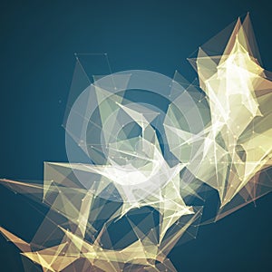 Abstract vector mesh background. Chaotically connected points and polygons flying in space. Flying debris.