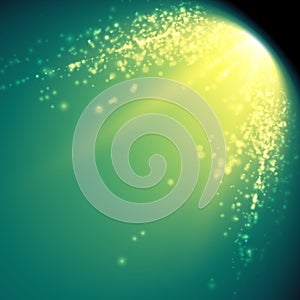 Abstract vector mesh background. Shinig comet with glowing poit tail on the green background. Futuristic style card.