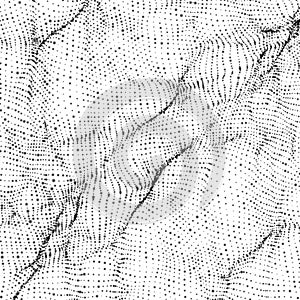 Abstract vector monochrome wave mesh background. Point cloud array. Chaotic light waves.