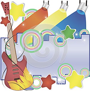 Abstract vector music background with a guitar and colorful spotlights