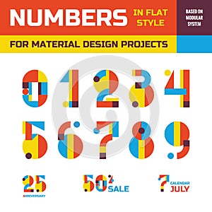 Abstract vector numbers in flat style design for material design creative projects. Geometric numbers symbols. Decorative figures.