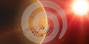 Abstract vector orange background with planet and ring of asteroids around.