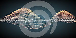 Abstract vector orange wave mesh background. Point cloud array. Chaotic light waves.