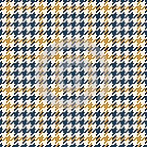 Abstract vector pattern in blue, gold, off white for spring summer autumn winter. Seamless pixel houndstooth tweed tartan check.