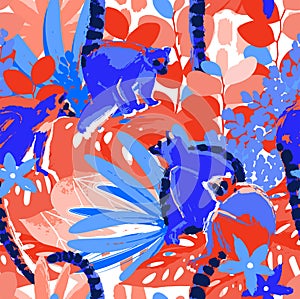 Abstract vector pattern of the wild lemurs sitting among the exotic plants