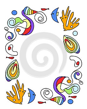 Abstract vector Rainbow underwater fantasy frame with fairy tale fish, seashell.