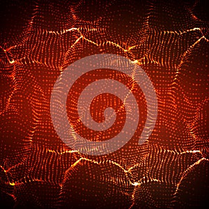 Abstract vector red wave mesh background. Point cloud array. Chaotic light waves.