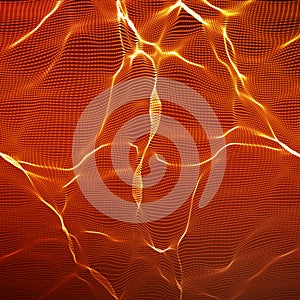 Abstract vector red wave mesh background. Point cloud array. Chaotic light waves. Technological cyberspace background.