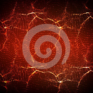 Abstract vector red wave mesh background. Point cloud array. Chaotic light waves.