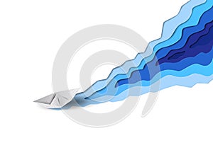 Abstract vector seaborne paper ship cuts white ice and sea blue water waves like icebreaker. Vector paper cut style conceptual ima