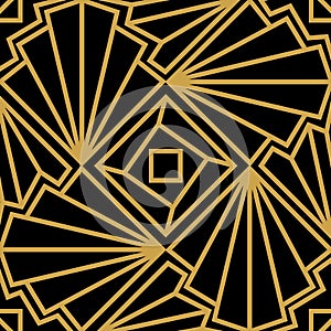 Abstract vector seamless Art Deco pattern with stylized shell. Golden ornament on black background