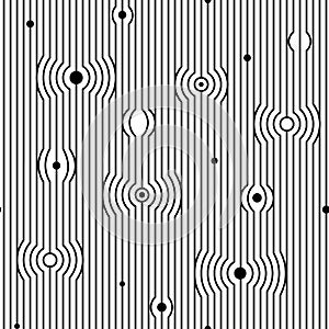 Abstract vector seamless moire pattern with waving circle lines. Monochrome op art graphic. Black and white ornament.