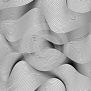 Abstract vector seamless moire pattern with waving curling lines. Monochrome graphic black and white ornament photo