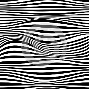 Abstract vector seamless moire pattern with waving curling lines. Monochrome graphic black and white ornament.