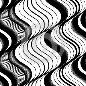 Abstract vector seamless moire pattern with waving curling lines. Monochrome graphic black and white ornament. Striped repeating photo