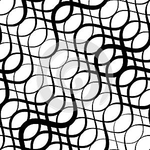 Abstract vector seamless moire pattern with waving curling lines. Monochrome graphic black and white ornament. Striped repeating