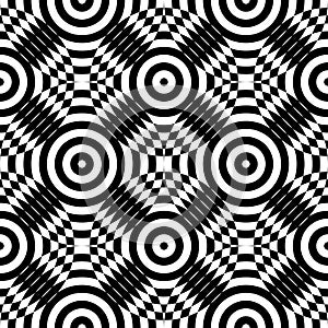 Abstract vector seamless op art pattern. Monochrome plop art graphic ornament. Optical illusion