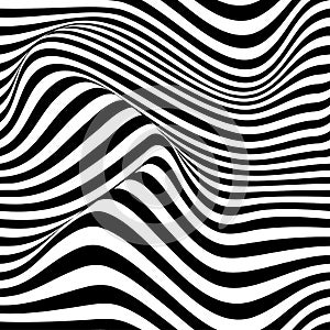 Abstract vector seamless op art pattern with waving curling lines. Monochrome graphic black and white ornament.
