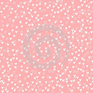 Abstract vector seamless pattern with chaotic hearts. Classical neutral backdrop. Hand drawn randomly scattered white hearts on