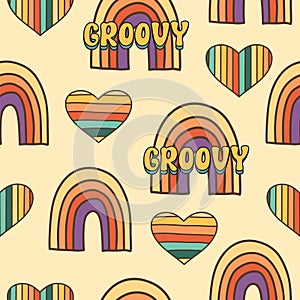 Abstract vector seamless pattern in groovy retro style, hand drawn retro geometric elements
