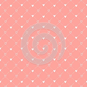 Abstract vector seamless pattern with hearts. Trendy neutral backdrop. Hand drawn white hearts and strokes grid on pink background