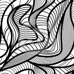 Abstract vector seamless pattern with waving curling lines. Abstract graphic black and white ornament. Leaves repeating texture