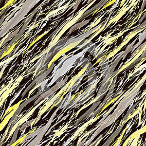 Abstract vector seamless pattern. Yellow and gray brushstroke on black background