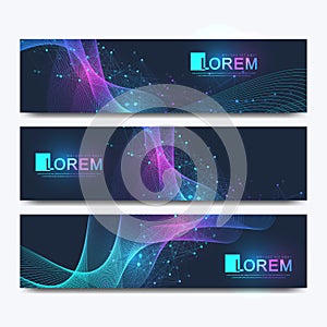 Abstract vector set of modern web site banners. Scientific cybernetics background with a colored dynamic waves, lines