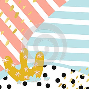 Abstract Vector Shapes. Pastel lines, spots, dots scene template. Hand drawn overlapping background Pink blue gold black white.