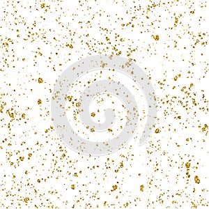 Abstract vector shiny golden textured dust, spots with sparkled gold foil on white background. Golden foil glitter