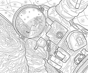 Abstract vector space cosmonaut. Coloring page astronomy illustration. Black contour sketch isolated on white background