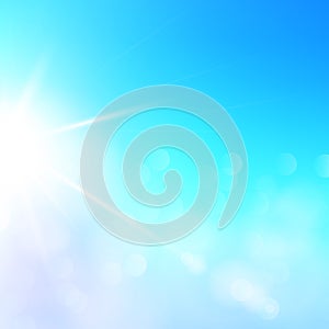 Abstract vector summer sunlight illustration. Sunny background blue sky with defocused lights. Special sun lens flare