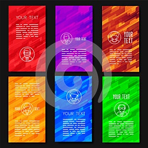 Abstract vector template design with colorful geometric backgrounds.