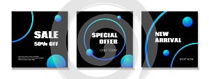 Abstract vector templates for instagram posts. Sale banners for social media. Dark backgrounds with blue cosmic circles