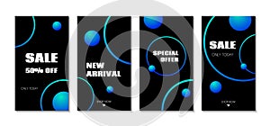 Abstract vector templates for instagram stories. Sale banners for social media. Dark background with blue cosmic circles