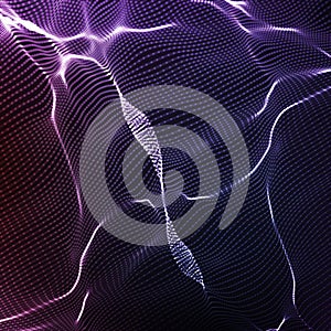 Abstract vector violet wave mesh background. Point cloud array. Chaotic light waves. Technological cyberspace background