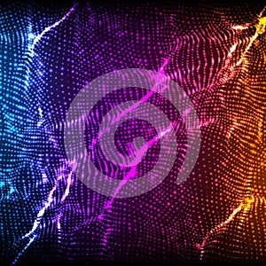 Abstract vector violet wave mesh background. Point cloud array. Chaotic light waves. Technological cyberspace background