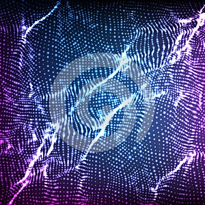 Abstract vector violet wave mesh background. Point cloud array. Chaotic light waves. Technological cyberspace background