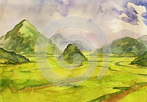 Abstract vector watercolor landscape, cobweb morning, fog in a field with grass and hills, hand drawn illustration.